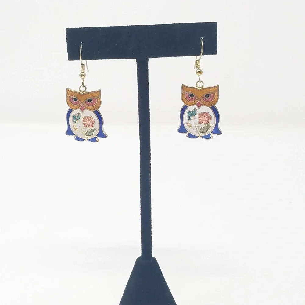 Vintage cloisonne‎ owl pierced earring dangle flora